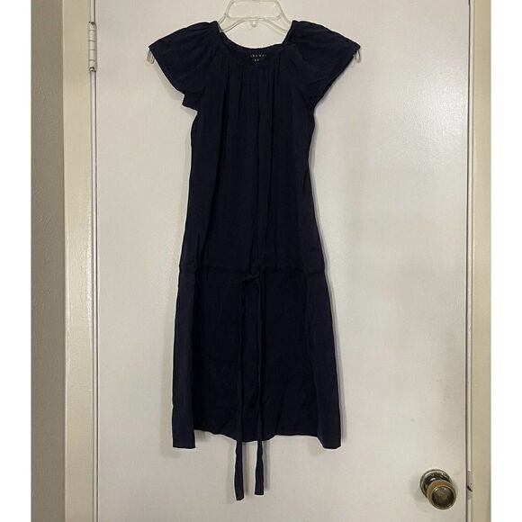 THEORY navy blue cinch waist short sleeve satin Dress size XS p - Picture 1 of 5